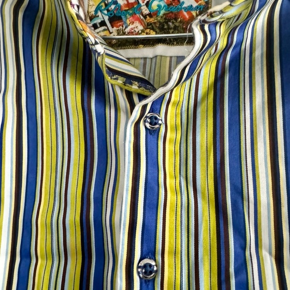ROBERT GRAHAM Men Lime GreenBlackBlue Striped ButtonUp Cotton Silk Like Shirt-LG - Picture 8 of 11